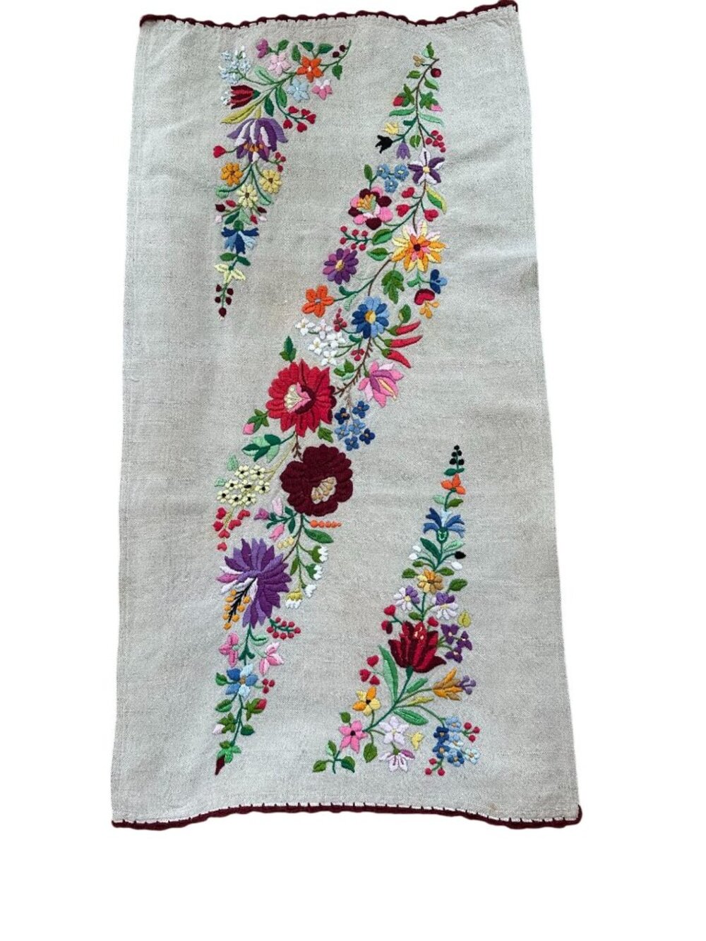 VTG Hungarian Kalocsa Embroidery Floral Linen Table Runner Scalloped Edge 28x15